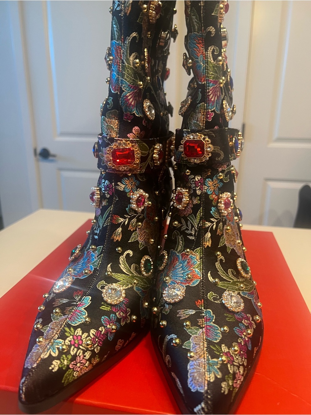 NEW Embellished Rhinestone Black Floral Embroidered Mid-Calf Boots